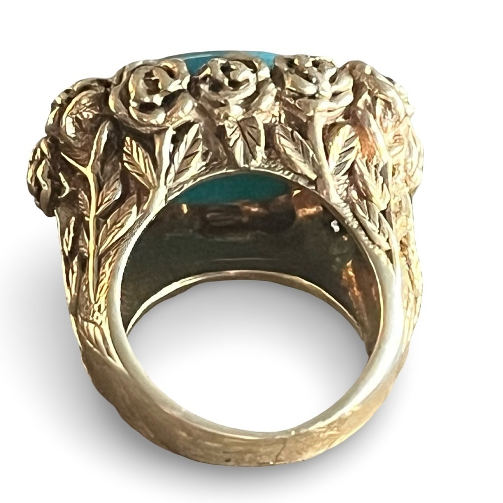 Vintage Gold Over Sterling Silver Turquoise Rose and Stem Floral Ring Size 6.5 - Picture 4 of 7